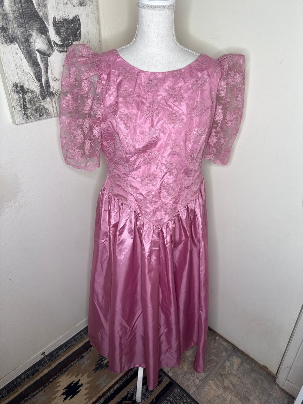 Vintage 80s Pink Satin Lace Prom Dress Plus Size Puff Sleeve Retro Party Midi